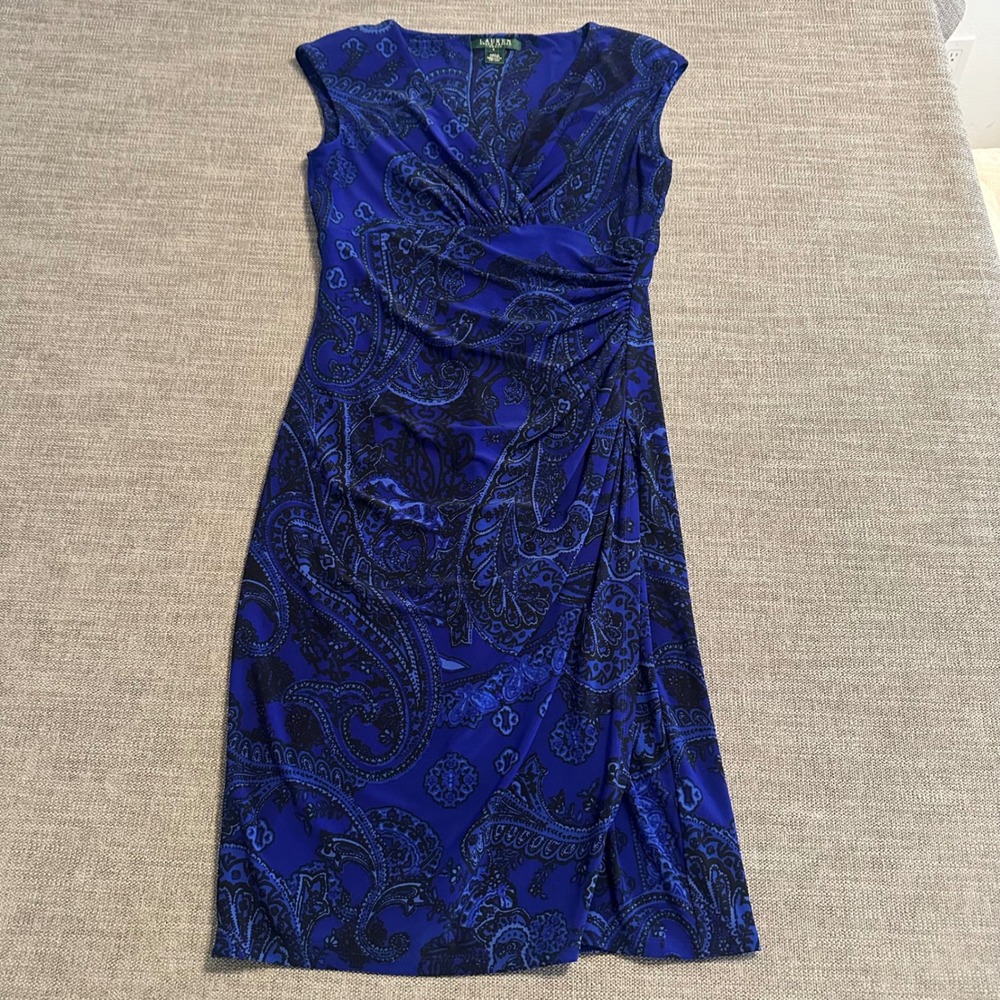 Lauren Ralph Lauren Paisley Sheath Dress Womens 4 Blue Ruched V-Neck